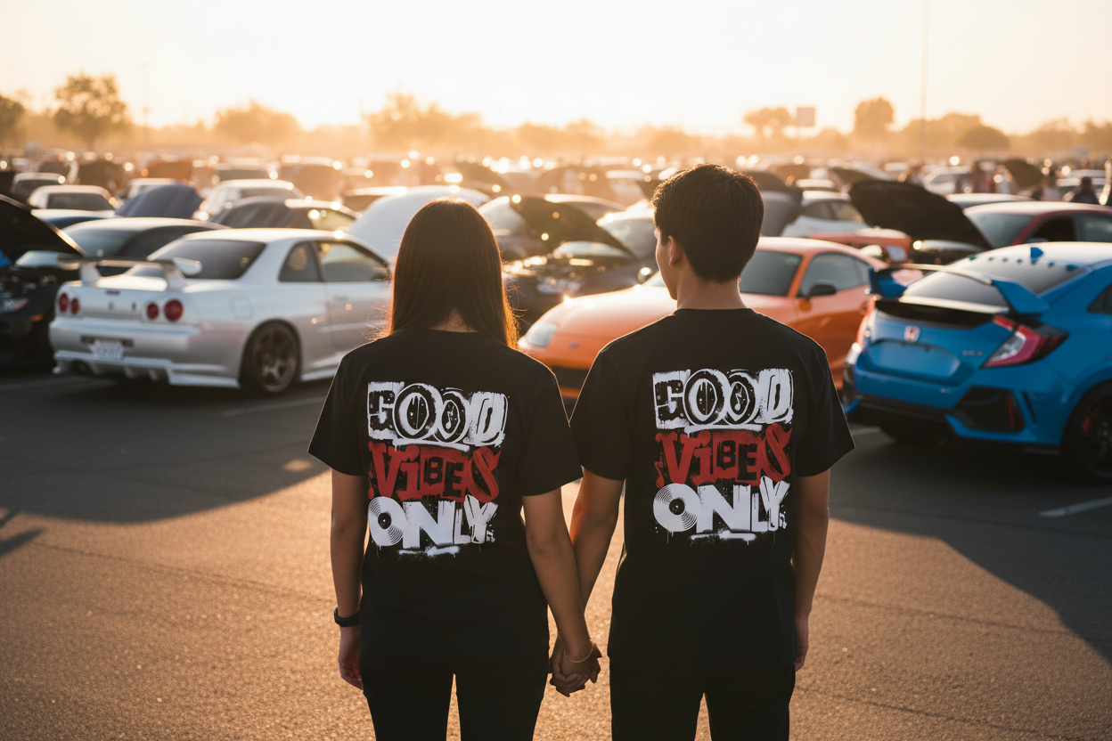 Epic import car show scene with couple wearing GOOD VIBES ONLY shirts