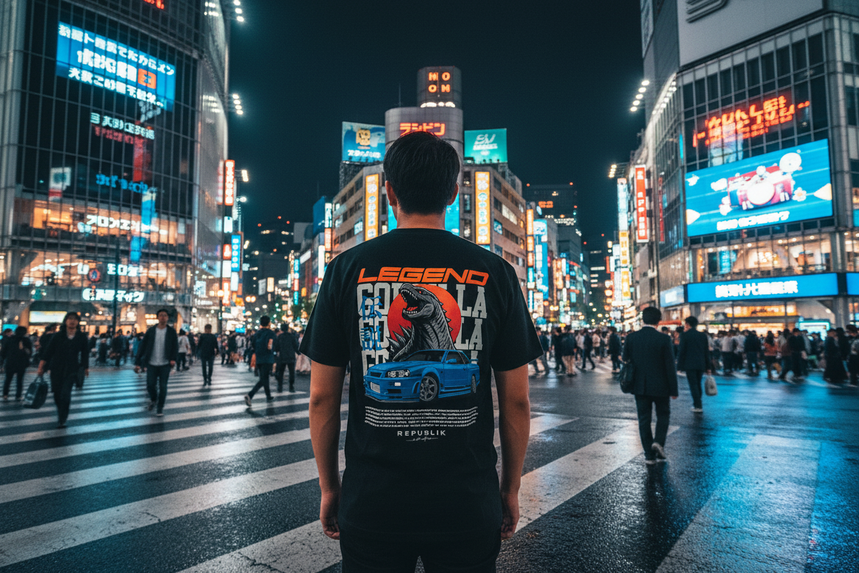 Epic Shibuya crossing night scene with person wearing R34 LEGEND shirt