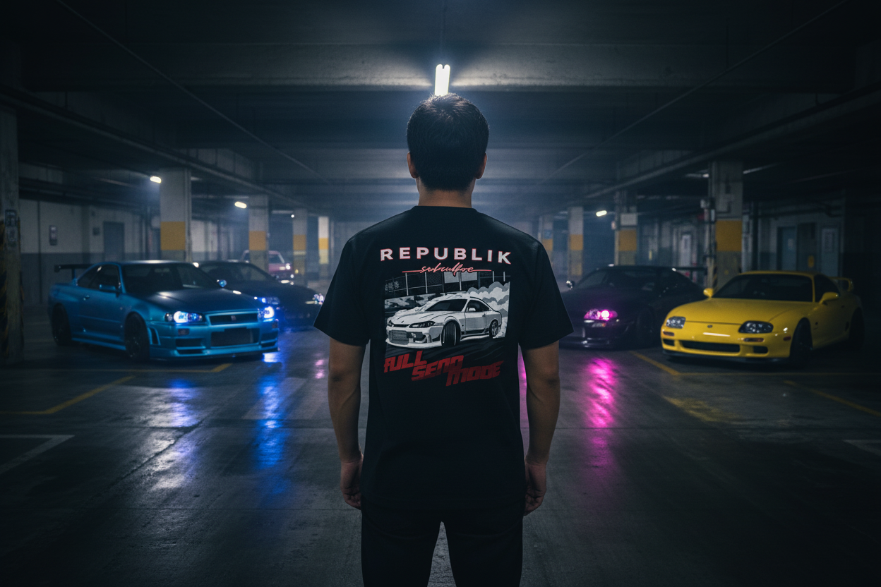 Epic underground Japanese car meet scene with Asian guy wearing FULL SEND MODE shirt